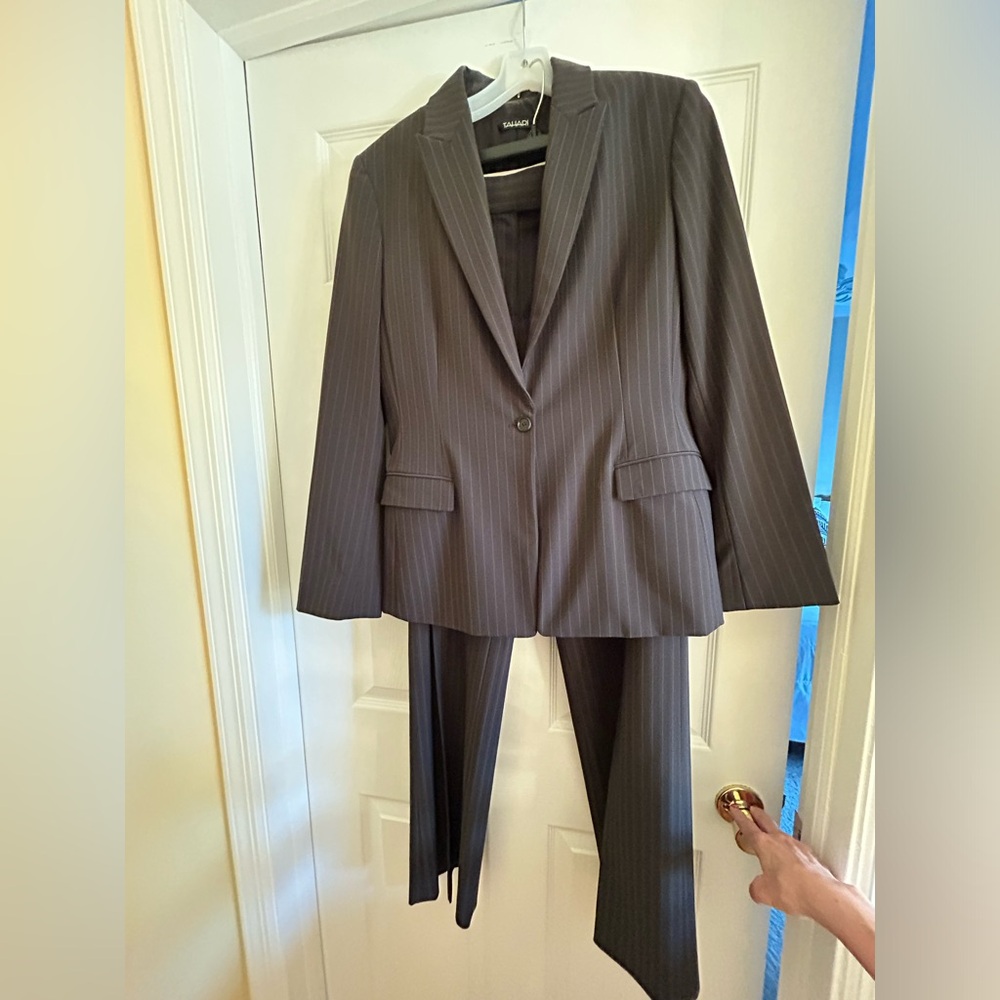 Tahari Gray Pinstripe Pantsuit